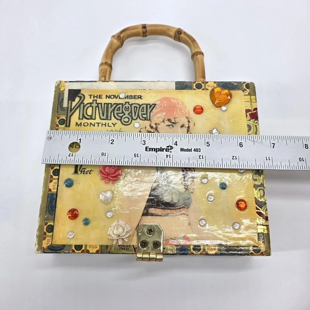 Vintage 1926 Picturegoer Magazine Wood Cigar‎ Box Purse Bamboo Top Handle
